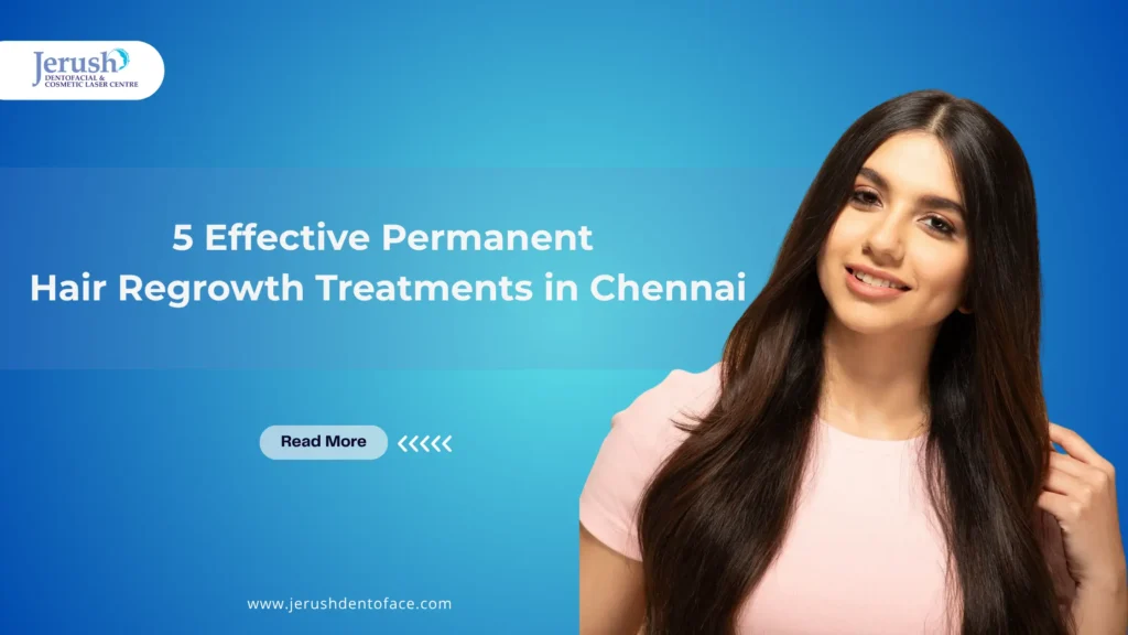 Smiling young woman with long, healthy hair on a blue background promoting 5 effective permanent hair regrowth treatments in Chennai by Jerush Dentofacial & Cosmetic Laser Centre.