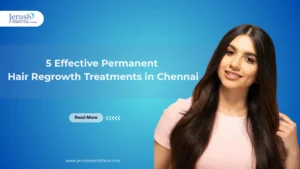 Smiling young woman with long, healthy hair on a blue background promoting 5 effective permanent hair regrowth treatments in Chennai by Jerush Dentofacial & Cosmetic Laser Centre.
